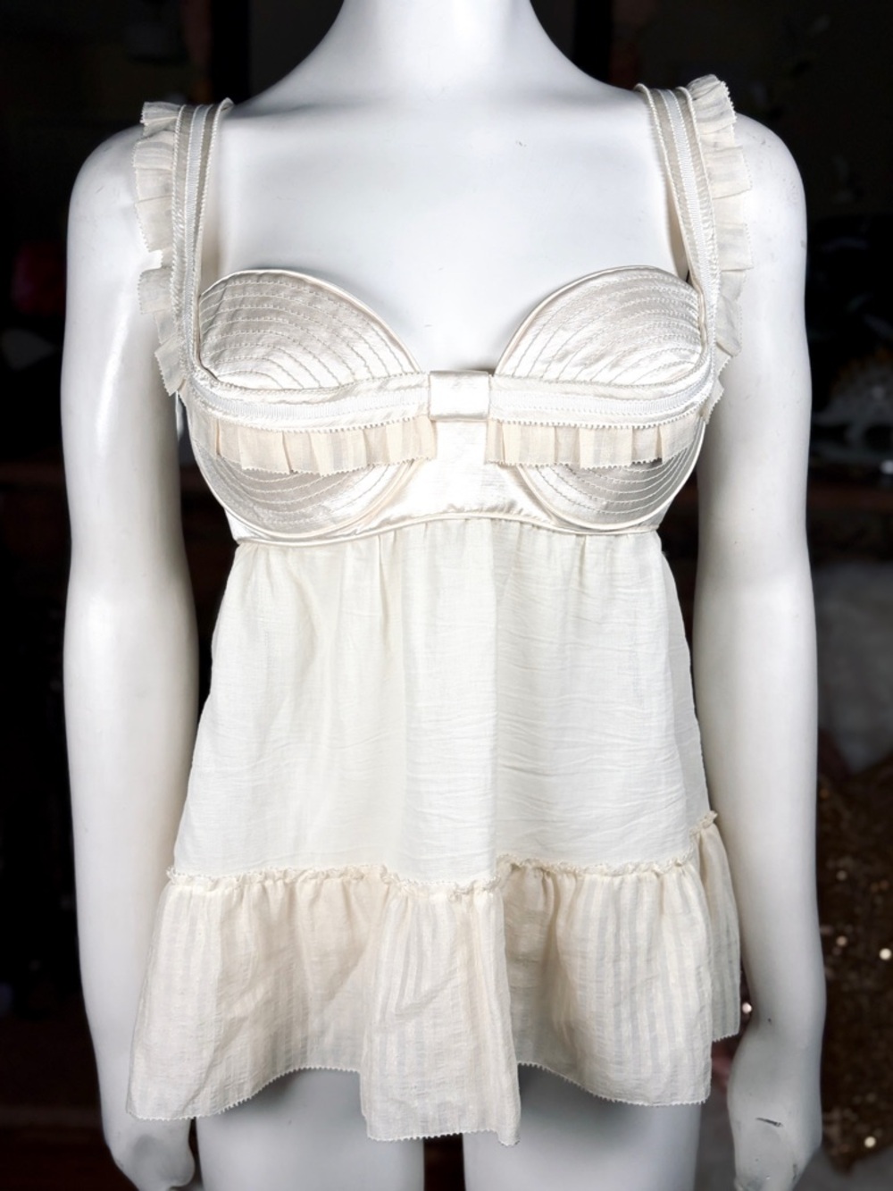 Proenza Schuyler Cream Silk/Cotton/Linen Ruffled Flyaway Bustier Top, Sz 10